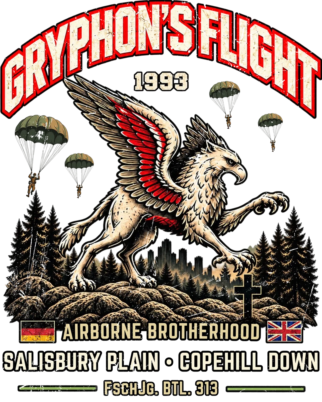 Heritage-Motiv Gryphon’s Flight 1993 mit Pegasus über Salisbury Plain und Copehill Down