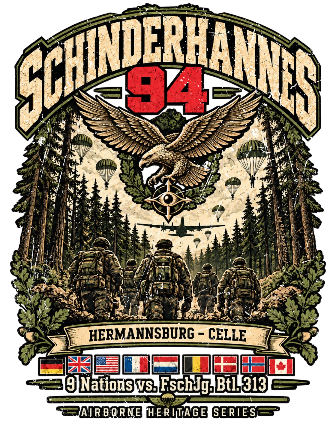 Heritage-Design Schinderhannes 1994 mit Adler, Fallschirmjägern im Wald, Hermannsburg–Celle und Länderflaggen