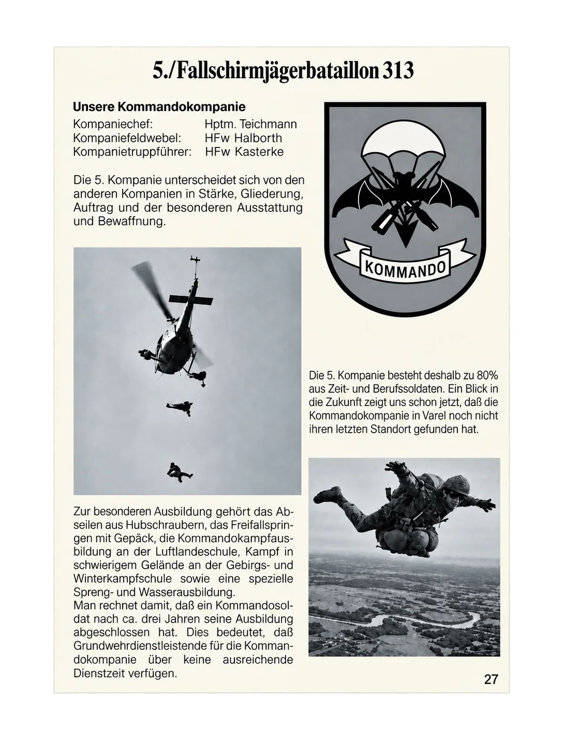 Historische Chronikseite der 5. Kompanie des Fallschirmjägerbataillons 313 mit Kompanieführung, Ausbildung und Kompanieabzeichen