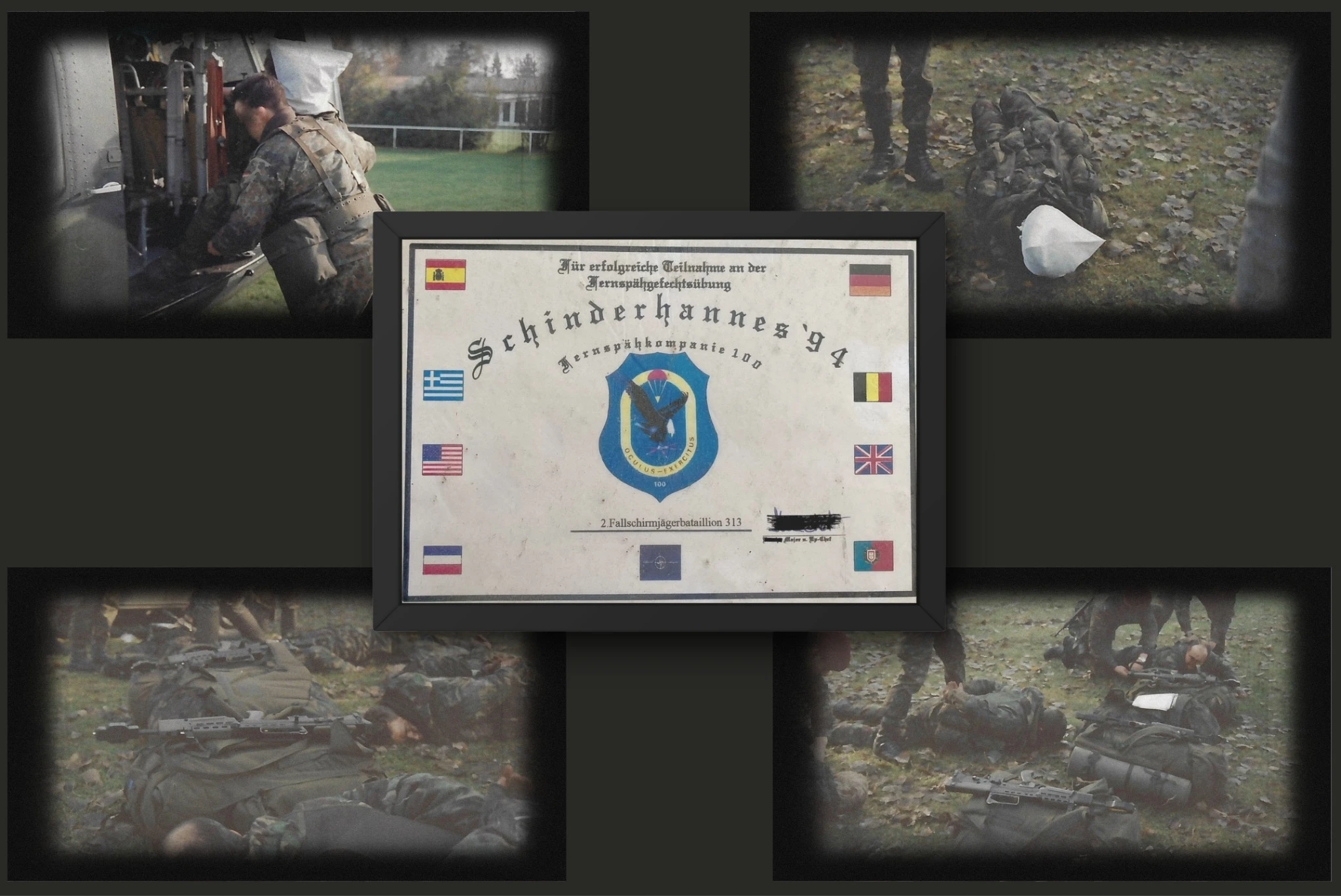 Historische Collage mit Aufnahmen und Teilnahmeurkunde zur Übung Schinderhannes 1994