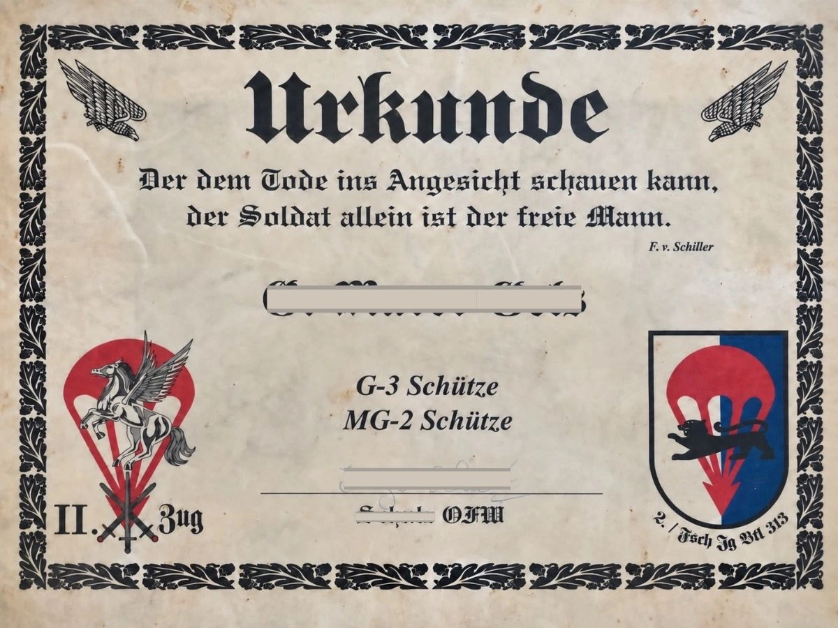 Interne Urkunde des II. Zuges der 2./313 – G-3 Schütze