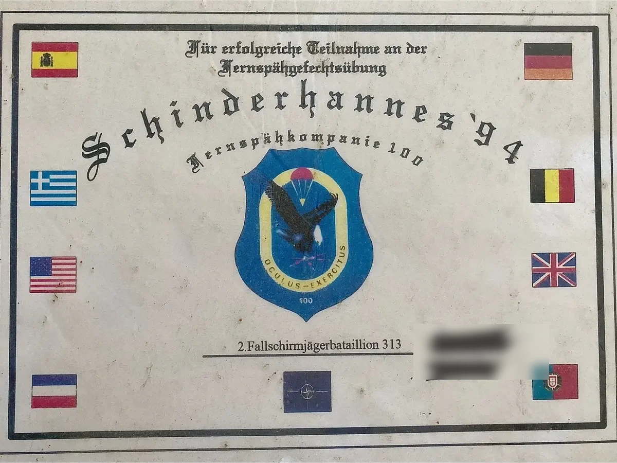 Teilnahmeurkunde zur Fernspähgefechtsübung Schinderhannes 1994