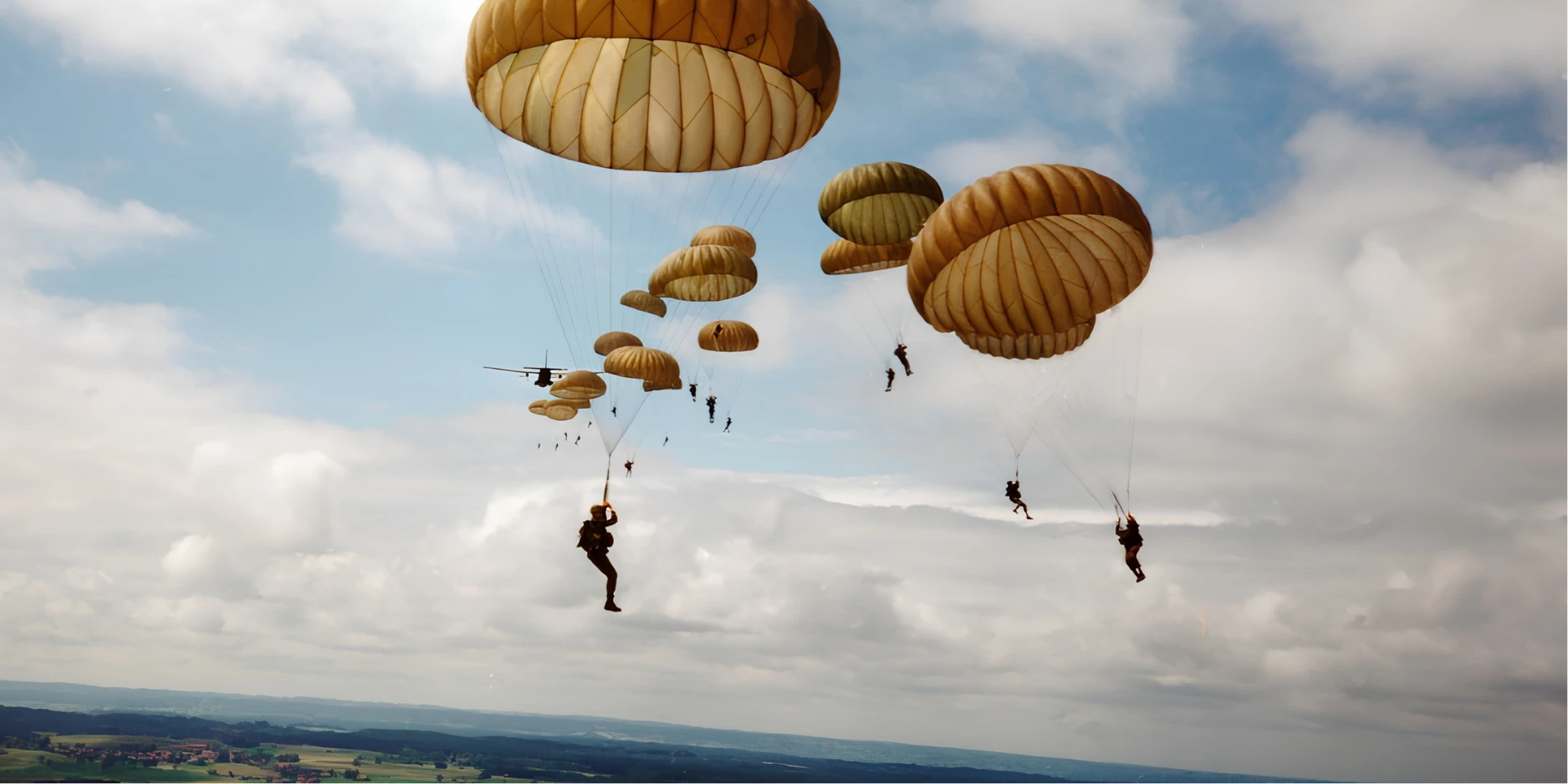 Fallschirmjäger unter Rundkappenschirmen